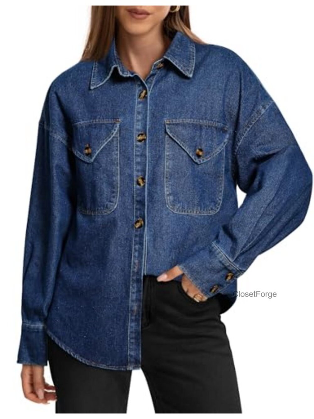 Oversized Denim Button Down Shirt Long Sleeve Boyfriend Fit Lapel Collar